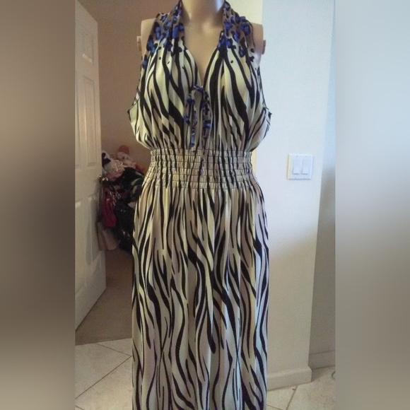 VINTAGE MAXI DRESS CINCH WAIST ANIMAL PRINT (TAN BLUE BLACK) PTP 19 TONS STRETCH - Picture 4 of 10